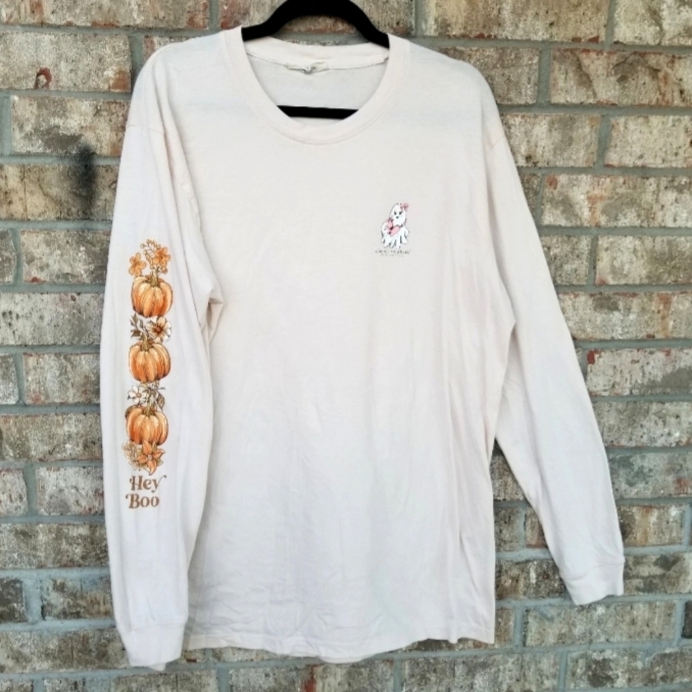 FALL TAN "Hey Boo" Long Sleeve TShirt (Size L) Ghost Halloween Funny Shirt - Picture 4 of 8